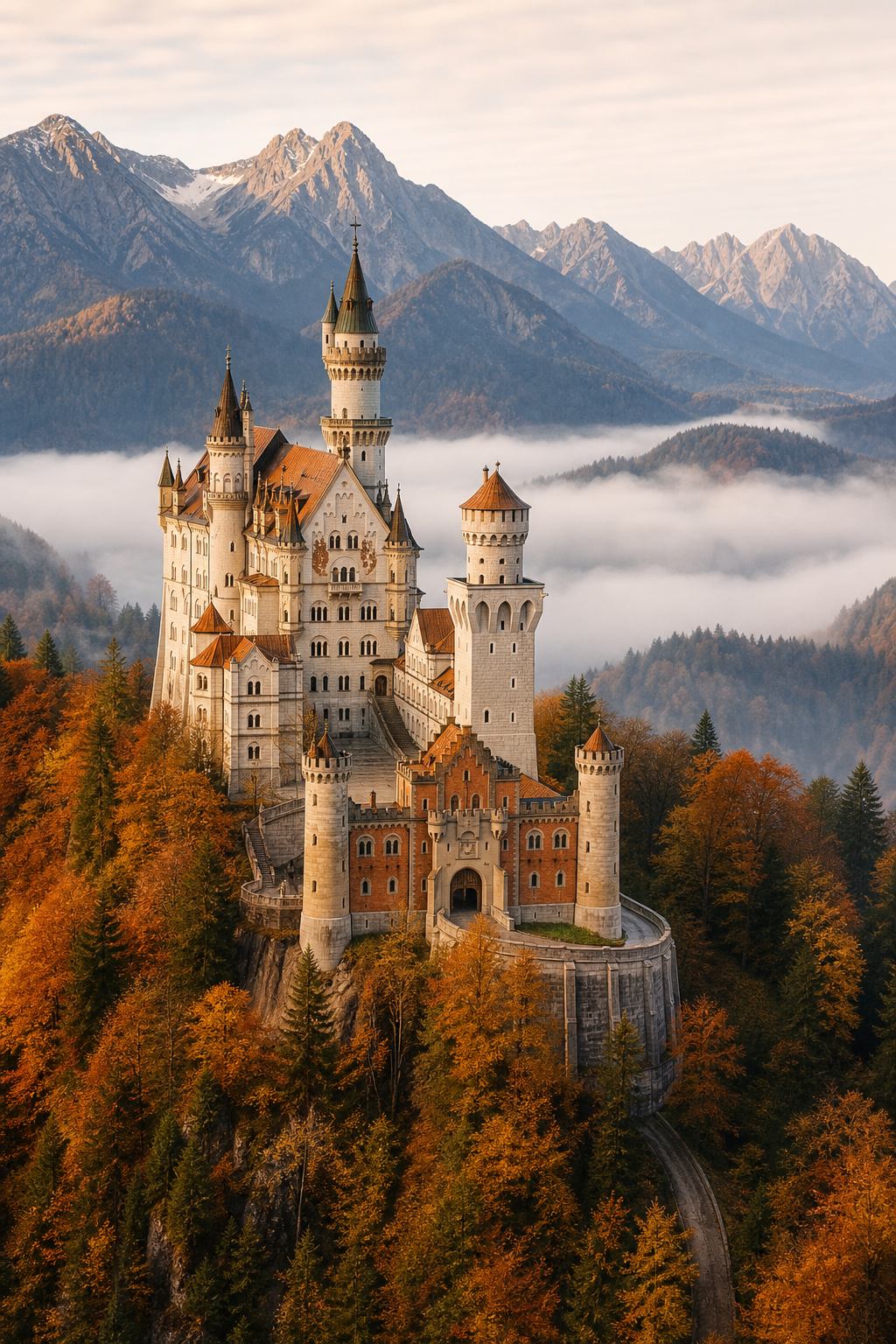 Schloss Neuschwanstein über Wäldern und Bergen